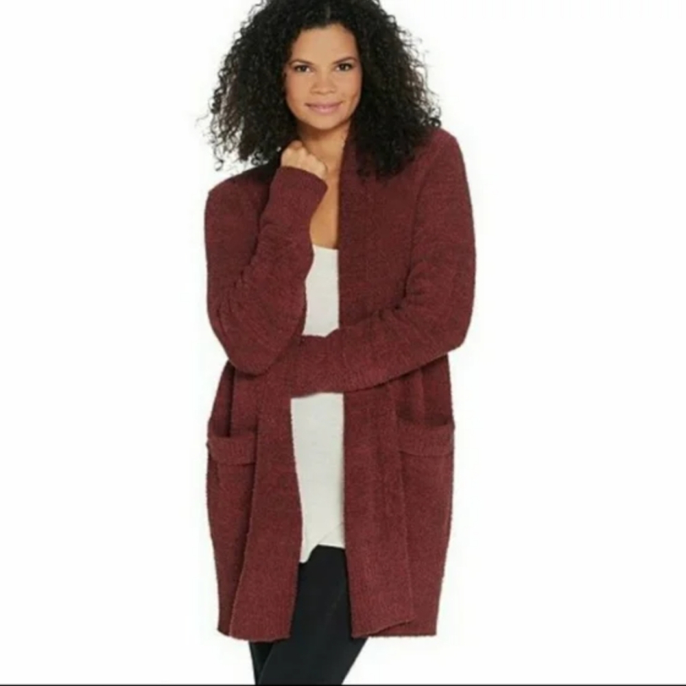 Barefoot Dreams CozyChic heathered red long open cardigan pockets size Medium - Picture 3 of 11